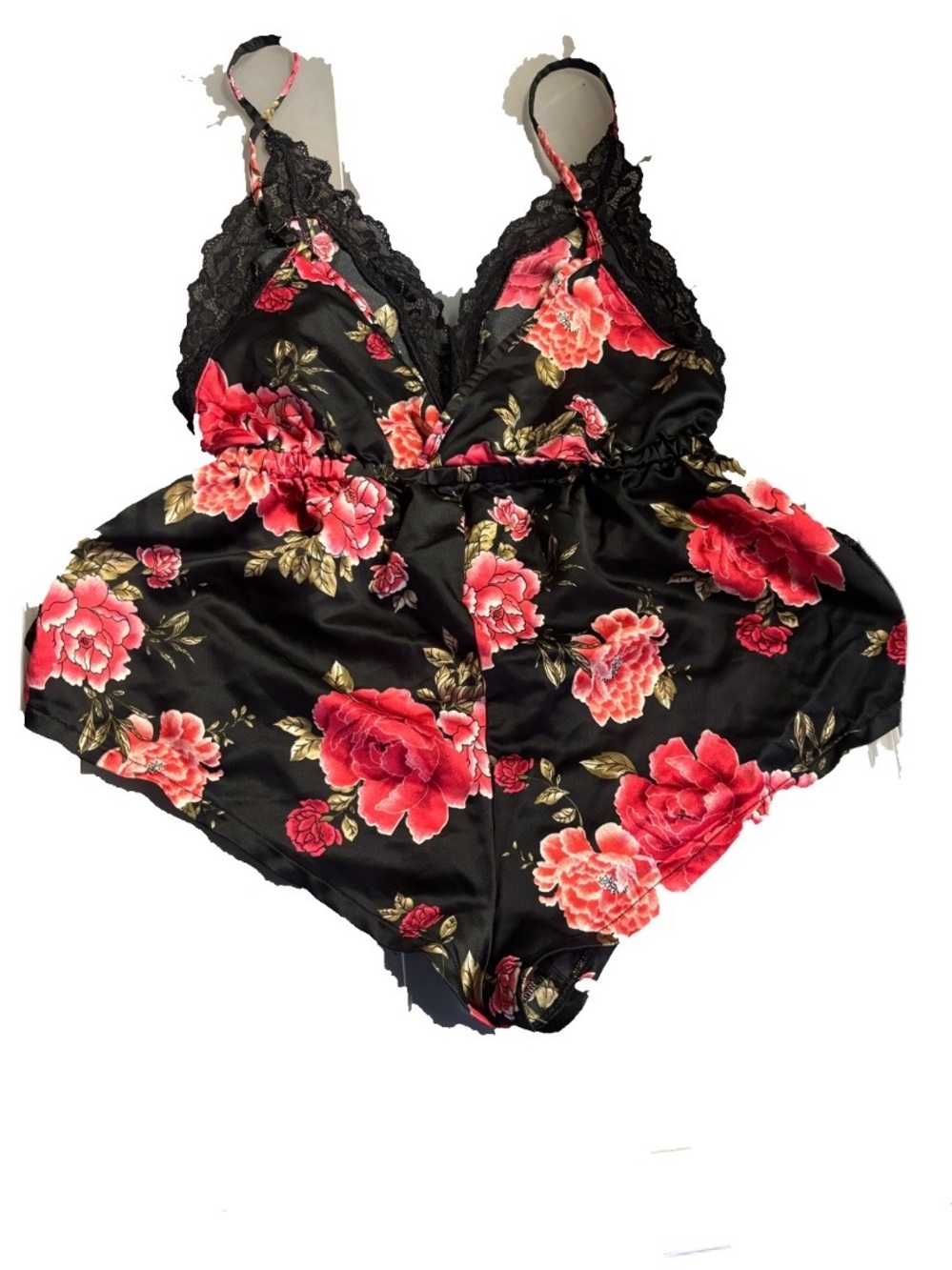 Floral Lace-Trim Satin Romper - Black with Red Floral